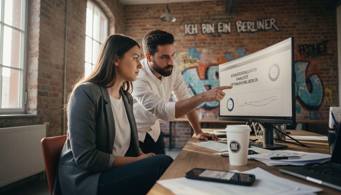 Das Gründerteam analysiert gemeinsam die aktuellen Conversion-Raten ihrer Marketingkampagnen.