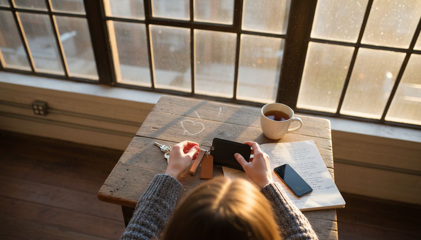 Woman customizing smart wallet at table