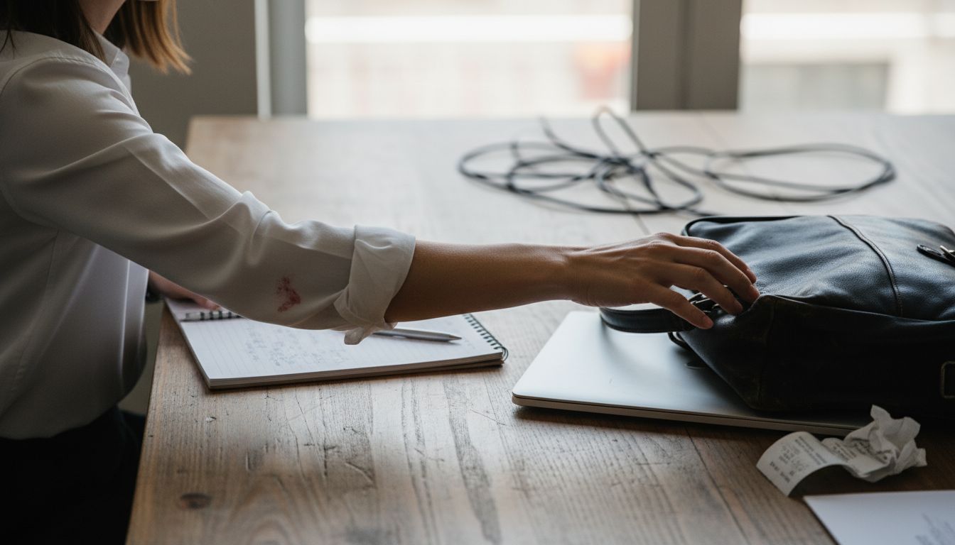 Woman reaching for leather work bag at desk
