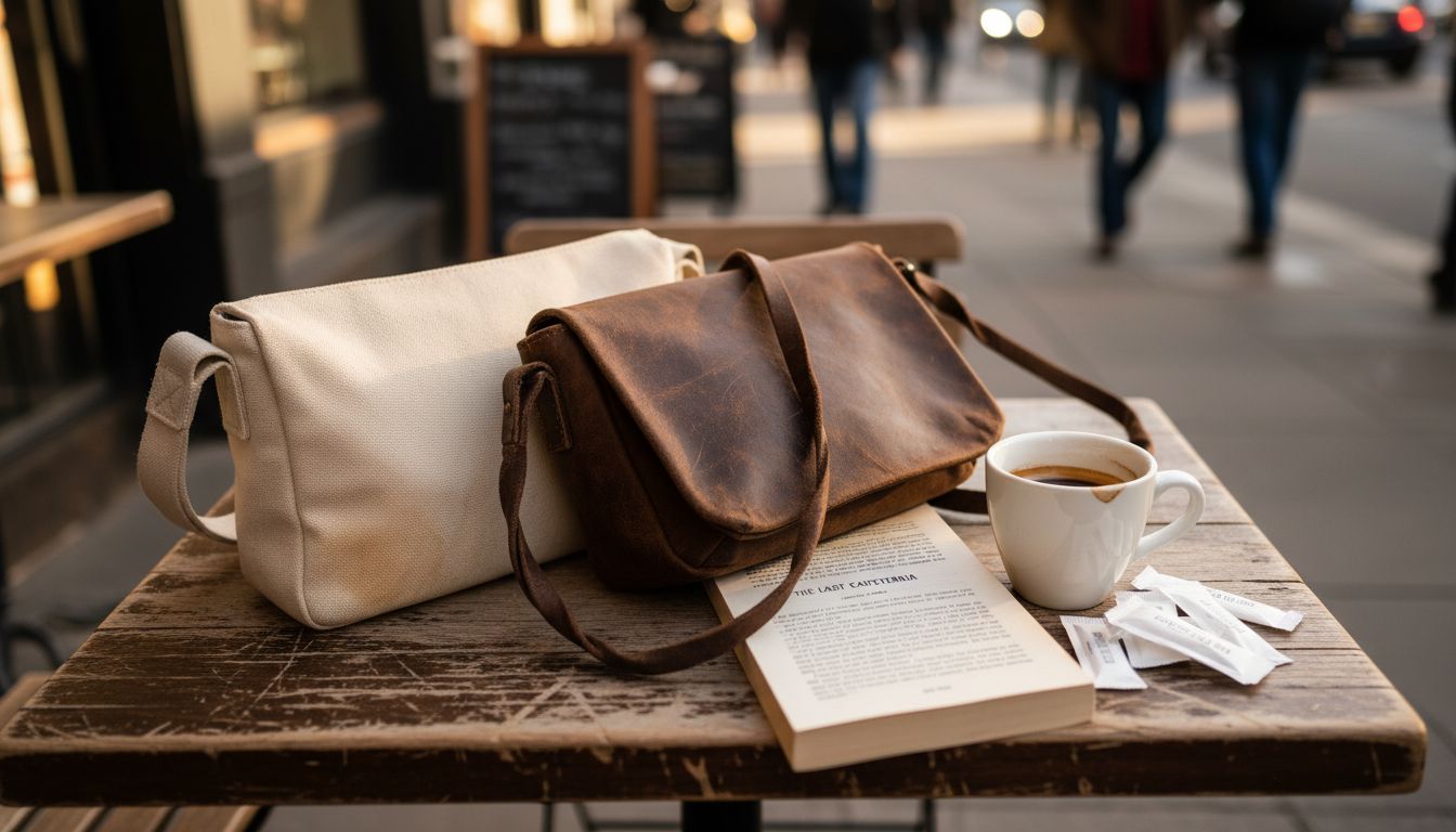 Leather and canvas crossbody bags on cafe table