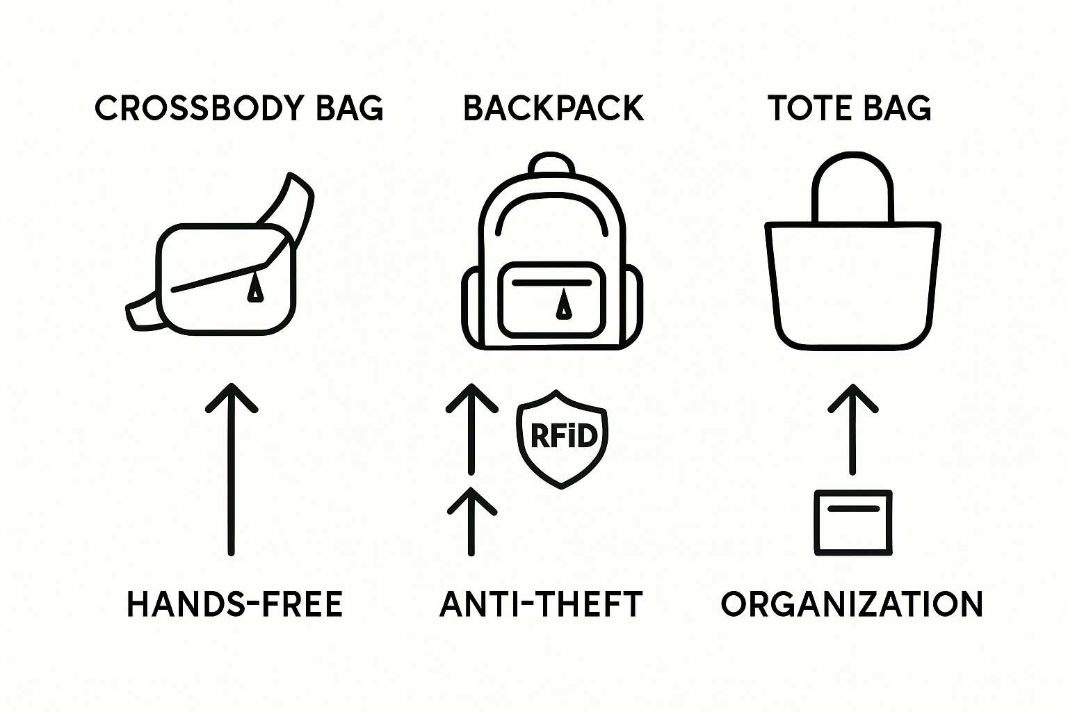 Comparison infographic: crossbody, backpack, tote