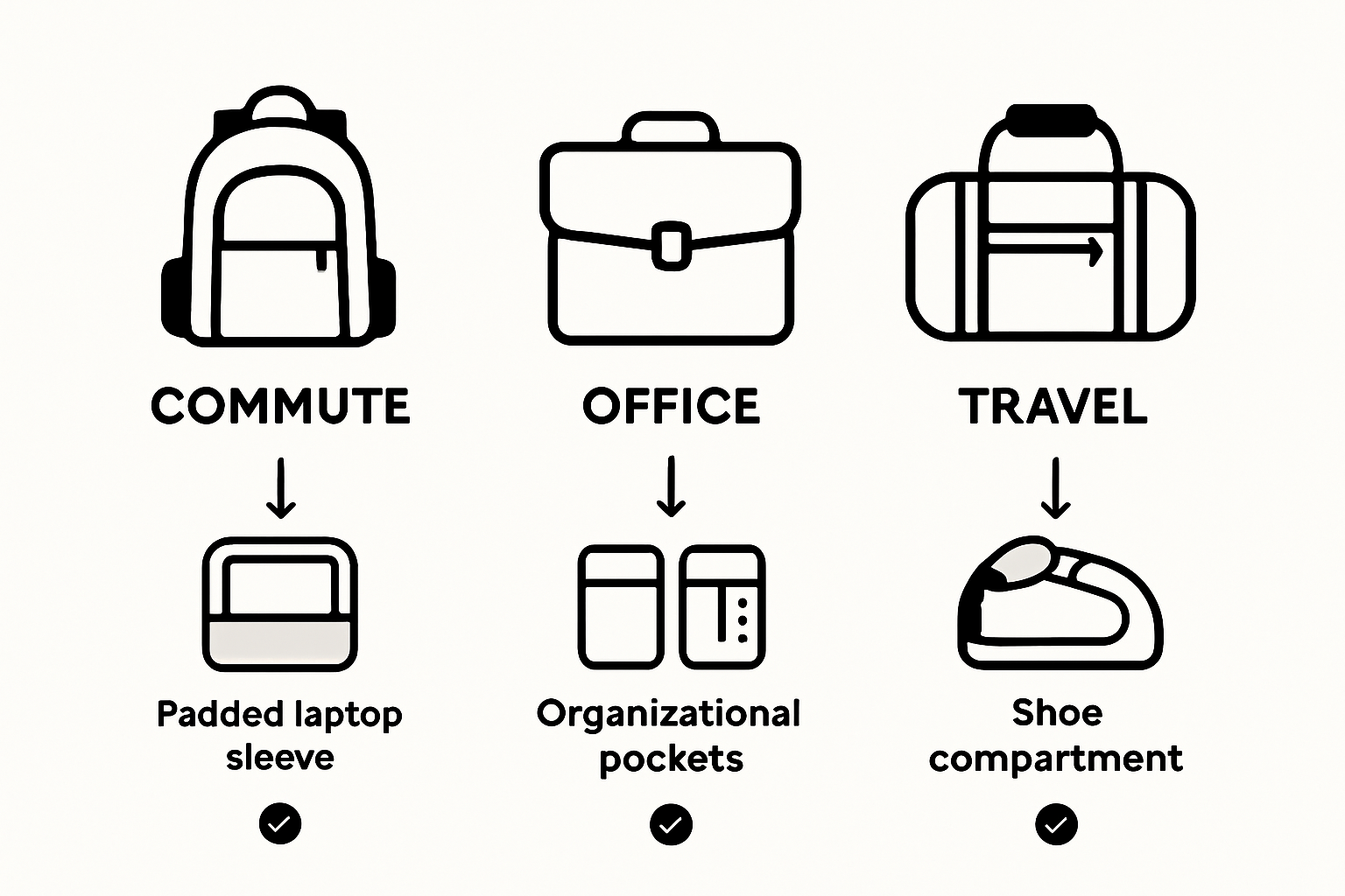 Infographic comparing backpack, briefcase, duffel bag