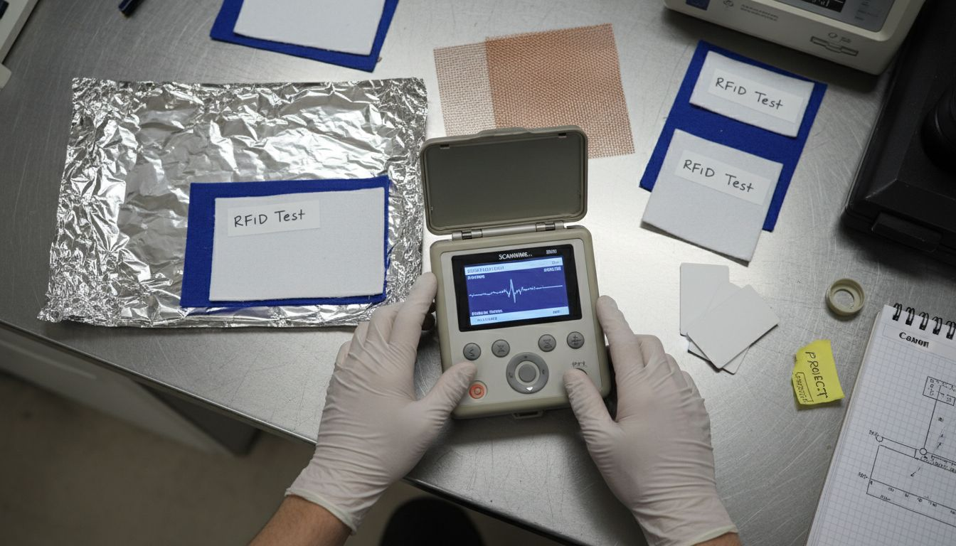 Technician testing RFID-blocking materials on lab bench