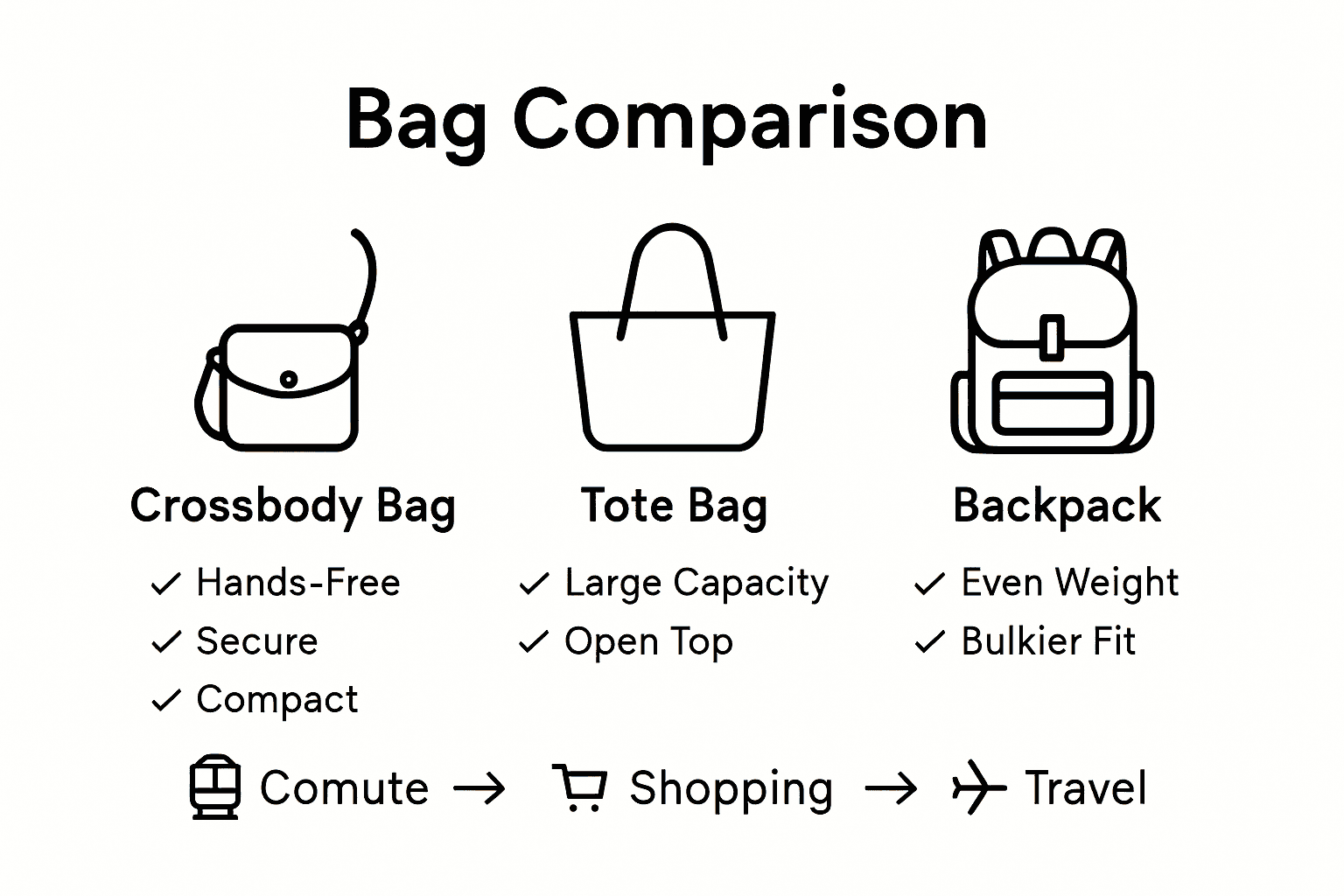Infographic comparing crossbody bag to tote and backpack