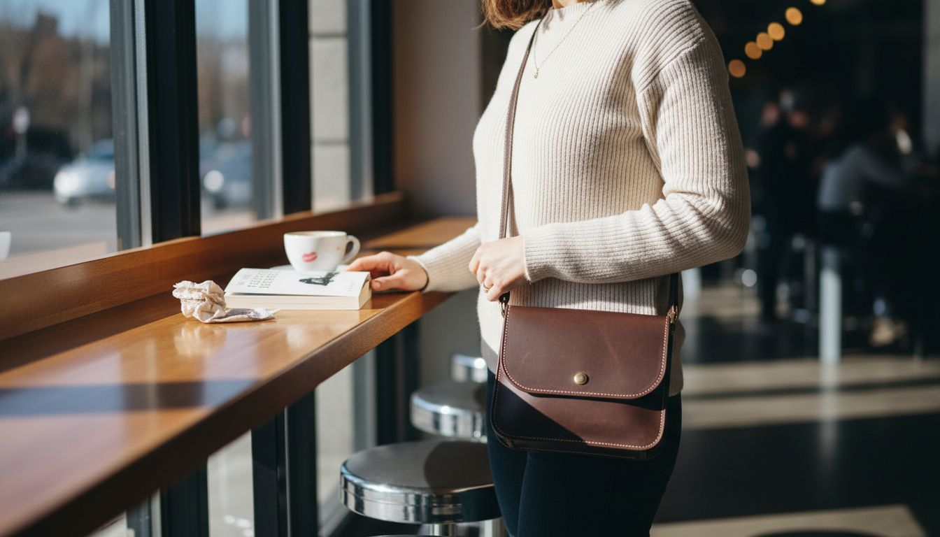 Woman showcasing stylish leather EDC sling bag