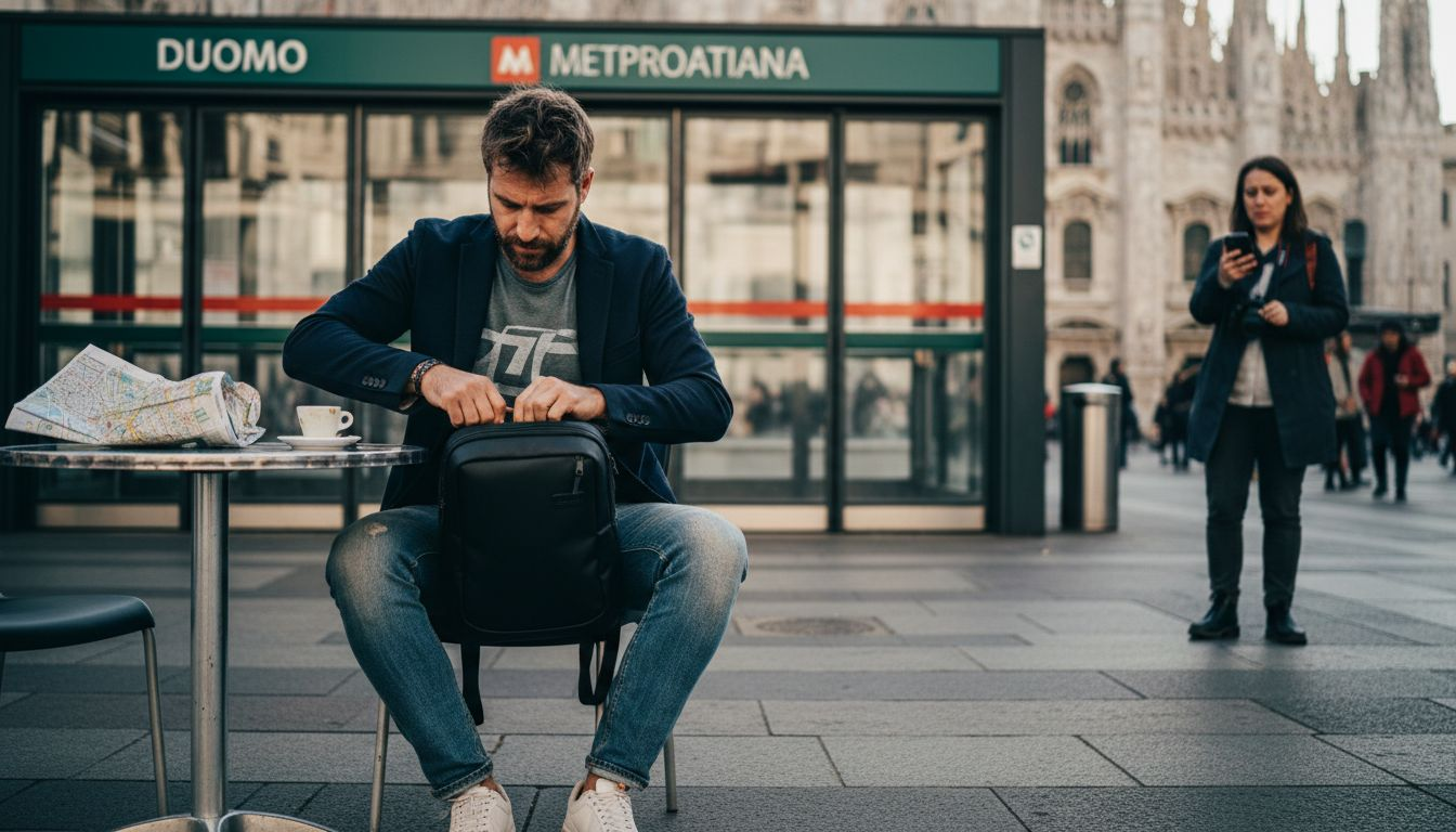 Traveler using smart anti-theft bag at café