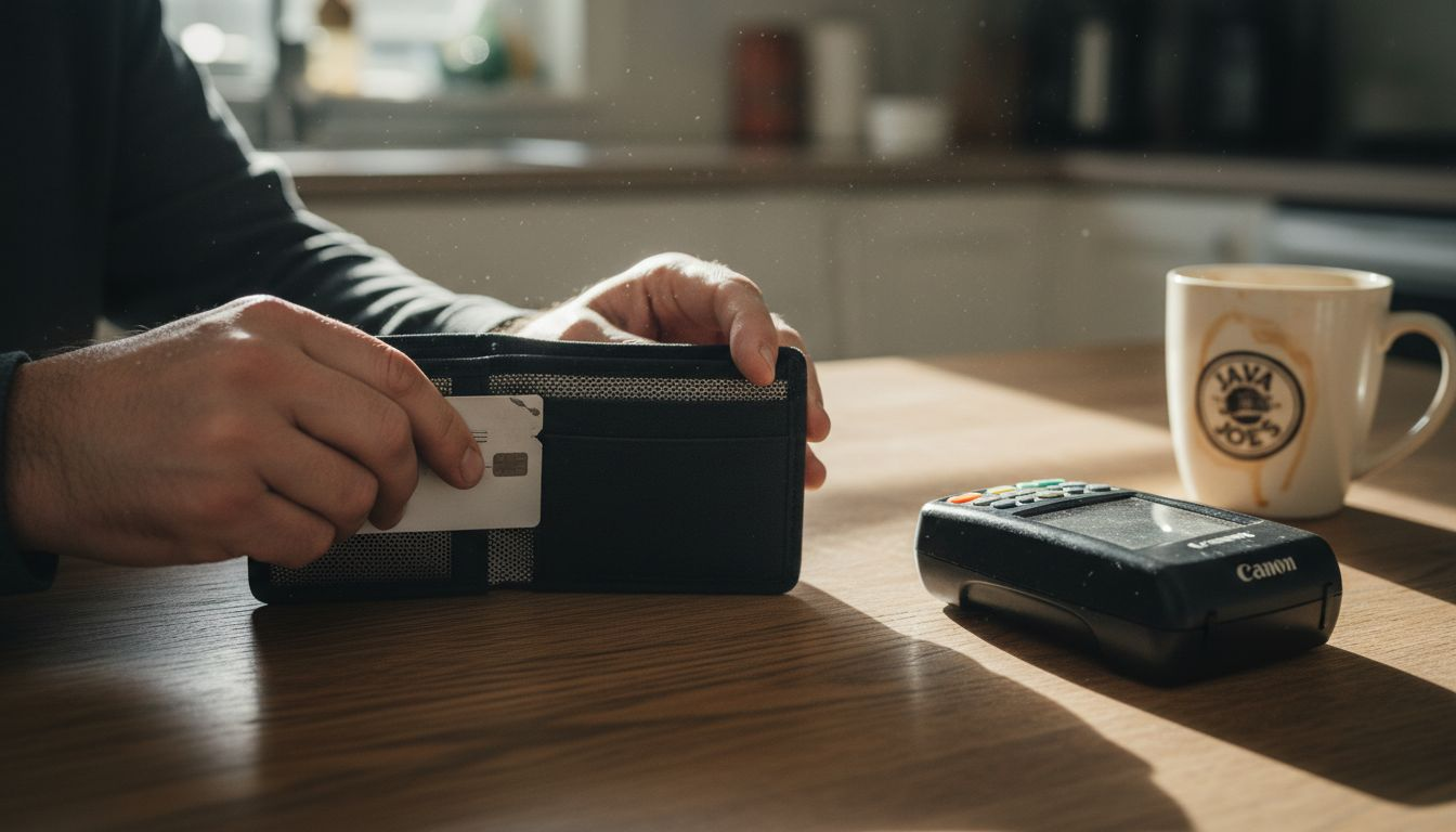 Hands testing RFID wallet with card reader