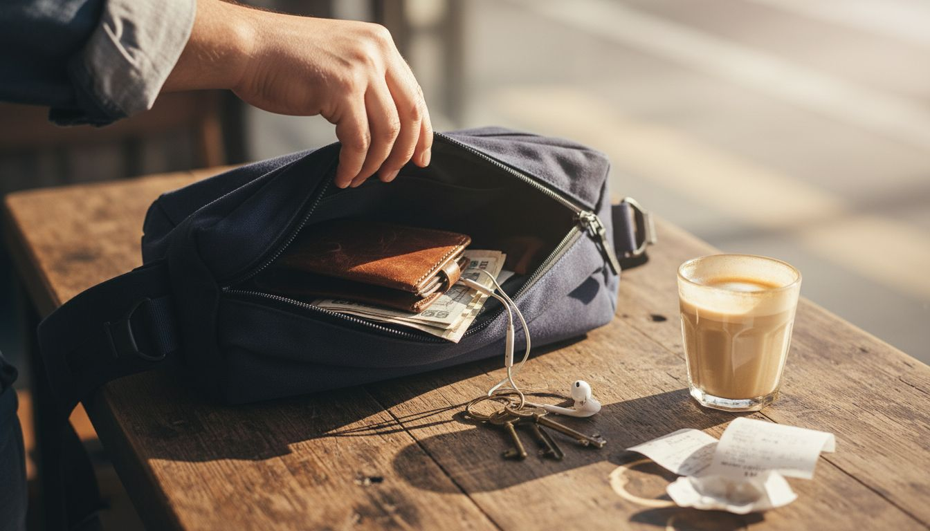 Closeup of sling bag compartments and contents