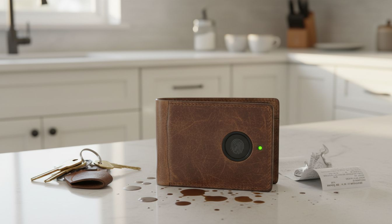 Closeup of smart wallet with tech features