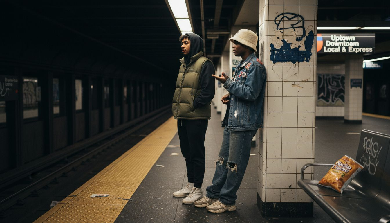 Friends wearing urban fashion styles subway