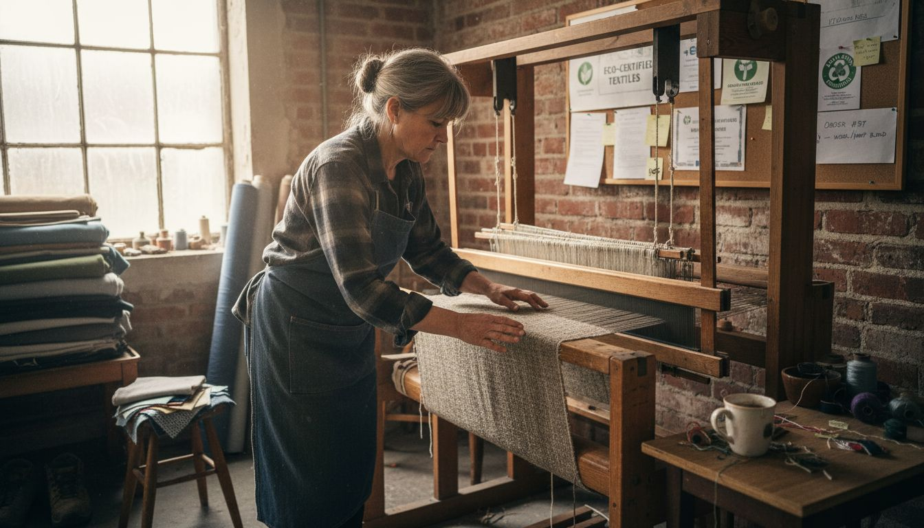 Worker inspecting sustainable Swiss fabric production