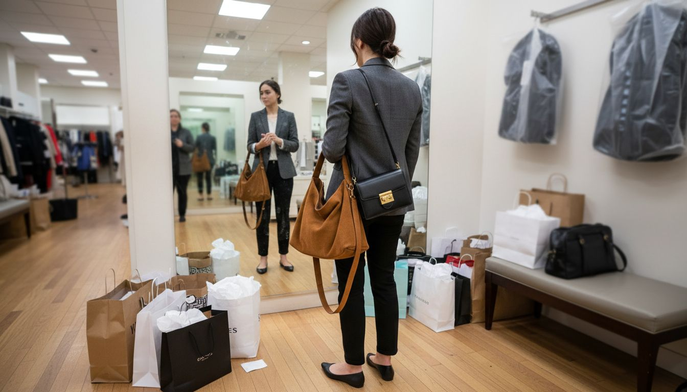 Vergleich von Taschenformen mit dem Outfit in der Umkleidekabine