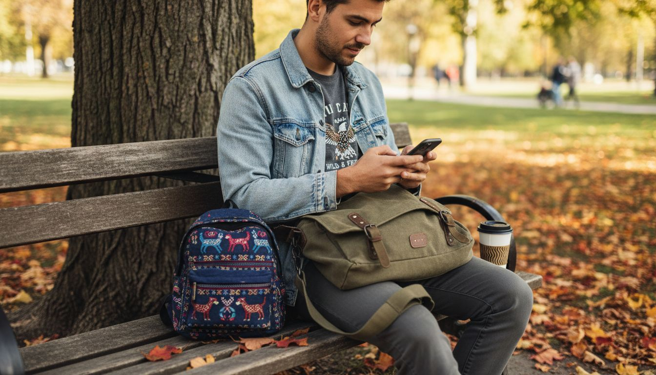 Mann mit Umhängetasche und Rucksack im Park