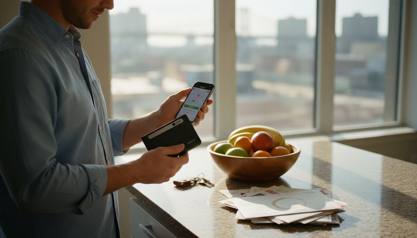 Mann überprüft Tracking-App für Smart Wallet in der Küche