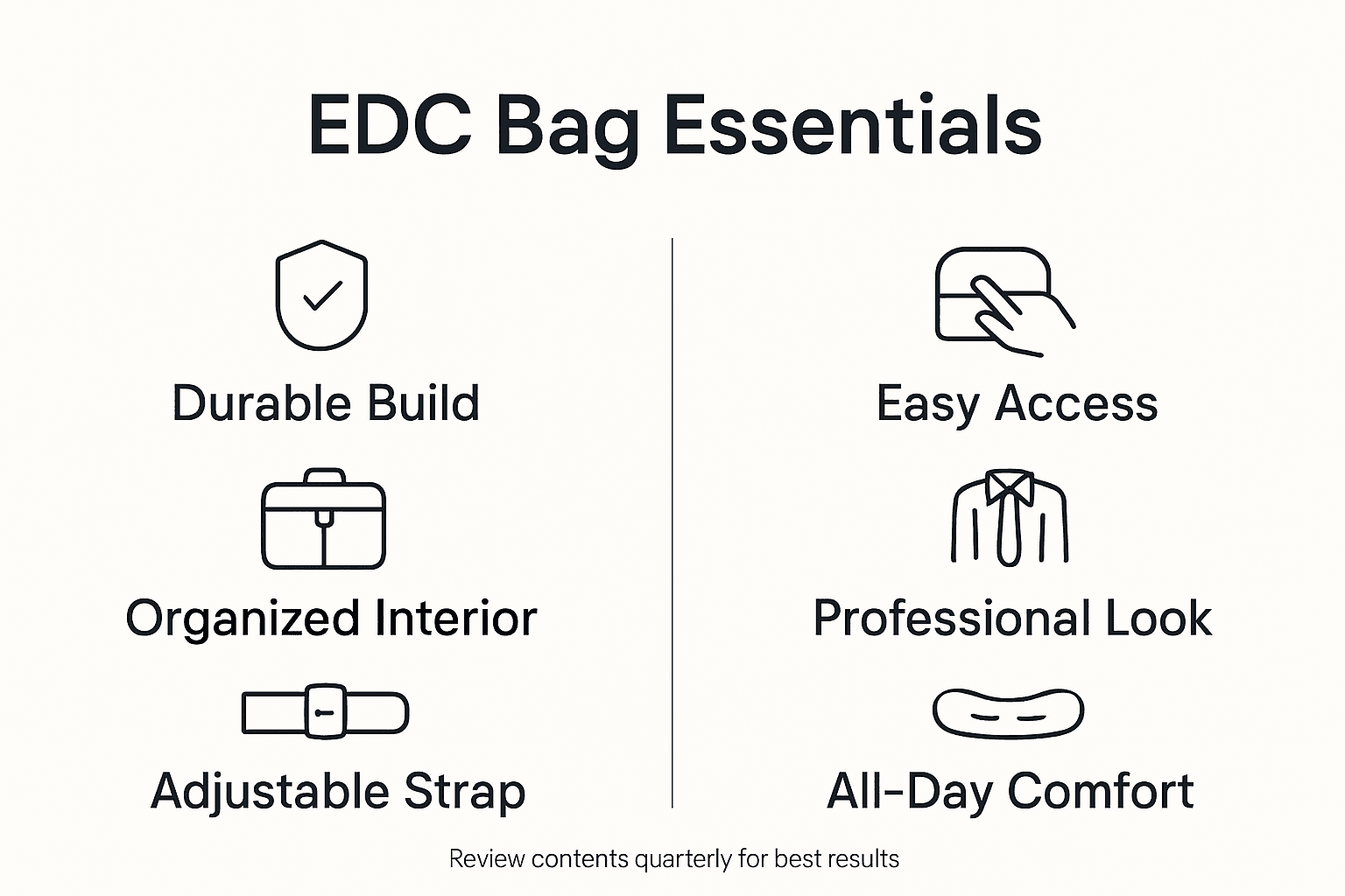 Infografik zu den Merkmalen und Vorteilen von EDC-Taschen