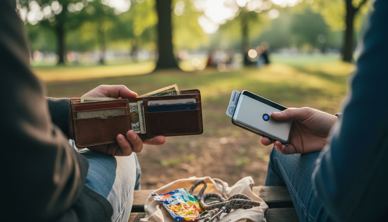 Comparing classic and smart wallet on park bench