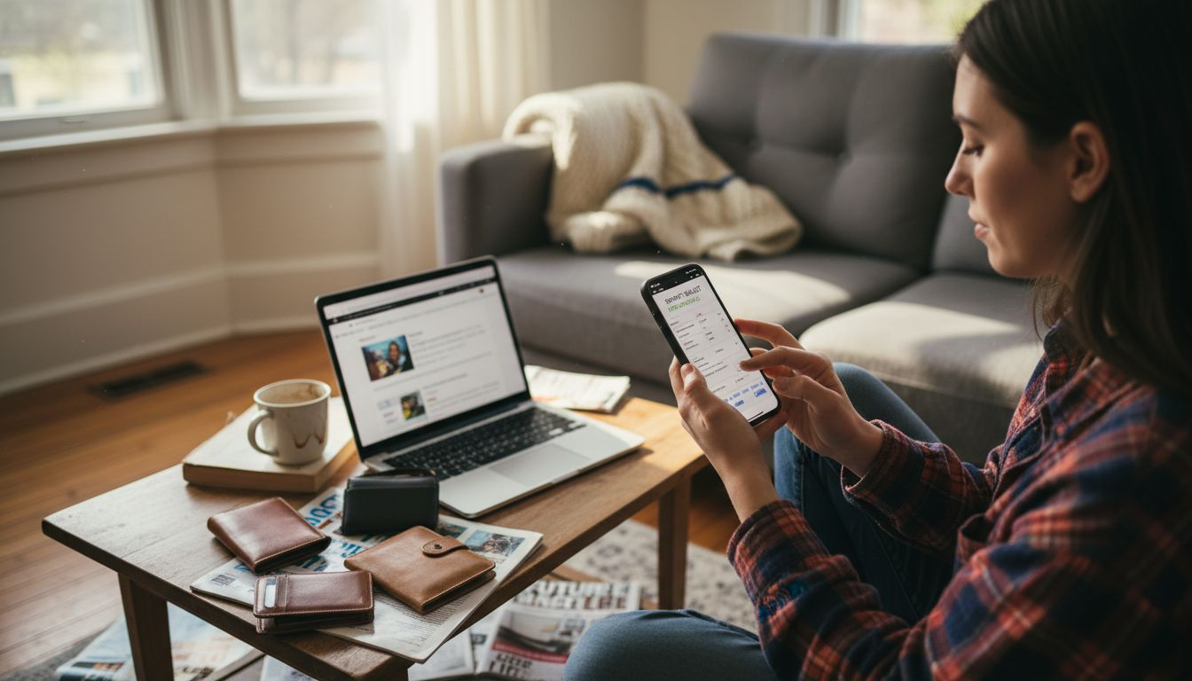 Frau vergleicht Smart Wallets auf ihrem Smartphone