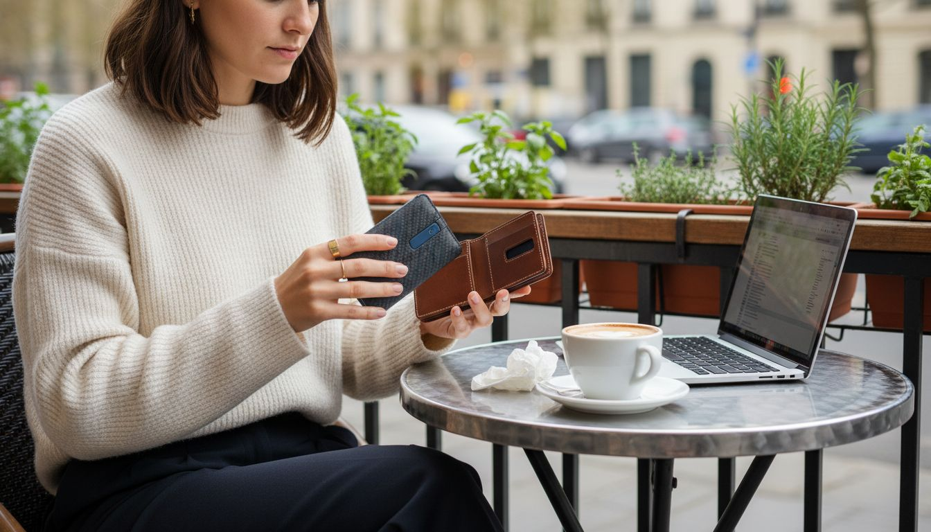 Vergleich der Materialien für Smart Wallets am Cafétisch