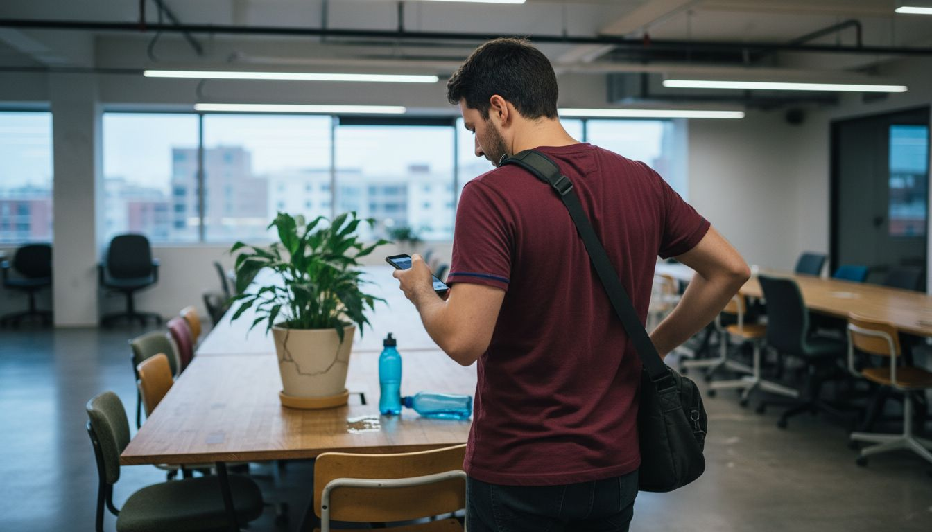 Man adjusts messenger bag in coworking space