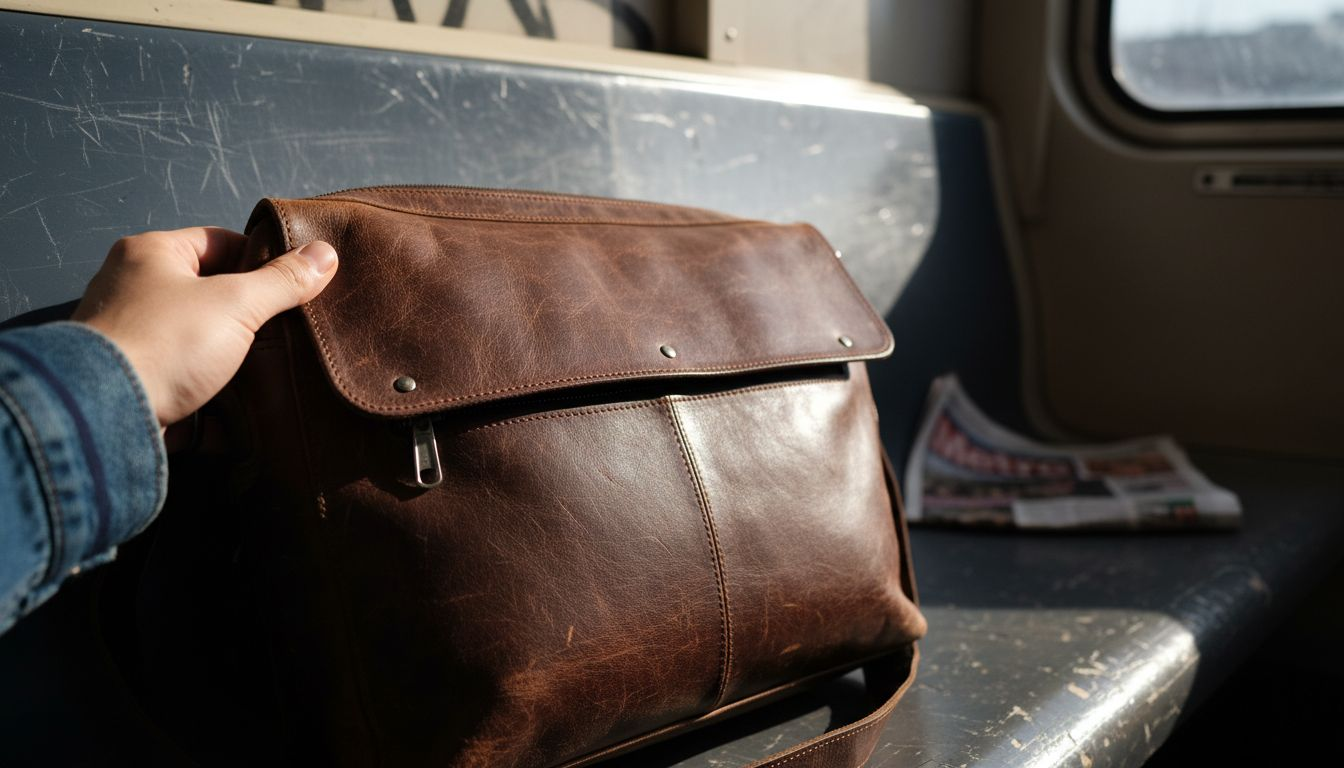 Hand opening leather bag on worn subway seat