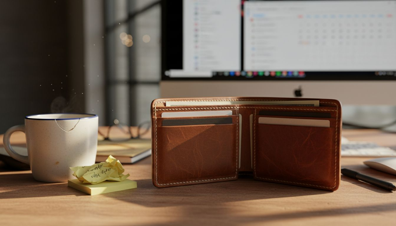 Gealterte Lederbrieftasche auf einem überfüllten Schreibtisch