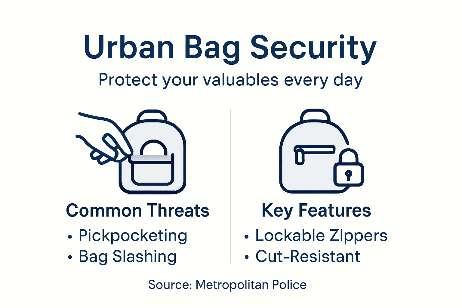Infographic on urban bag security threats and features
