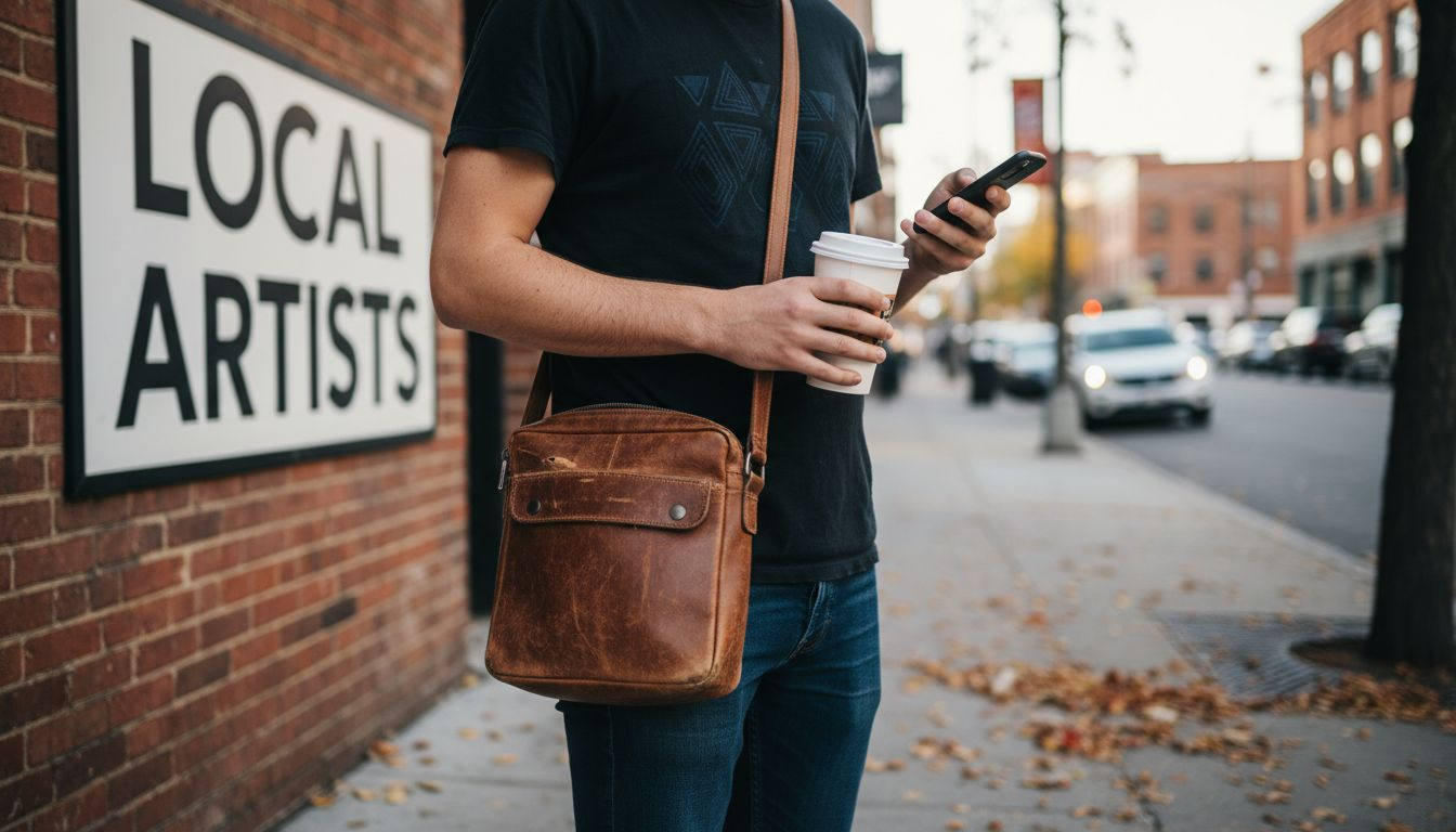 Man with stylish urban bag at bus stop