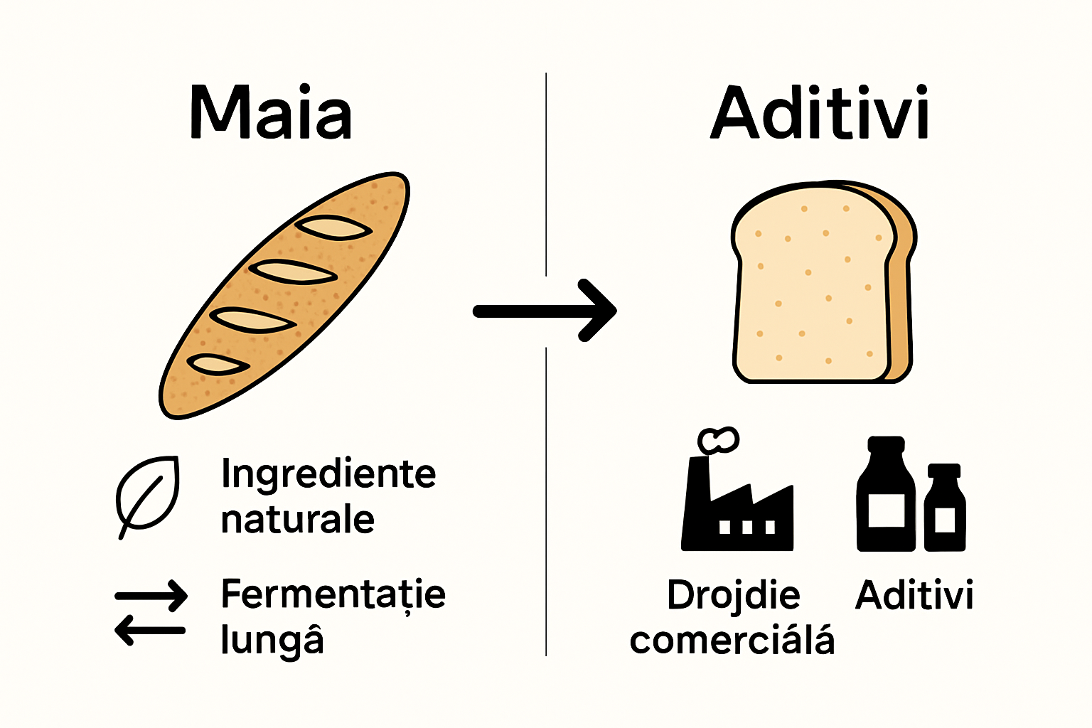 Infografic comparativ între bagheta cu maia și bagheta industrială