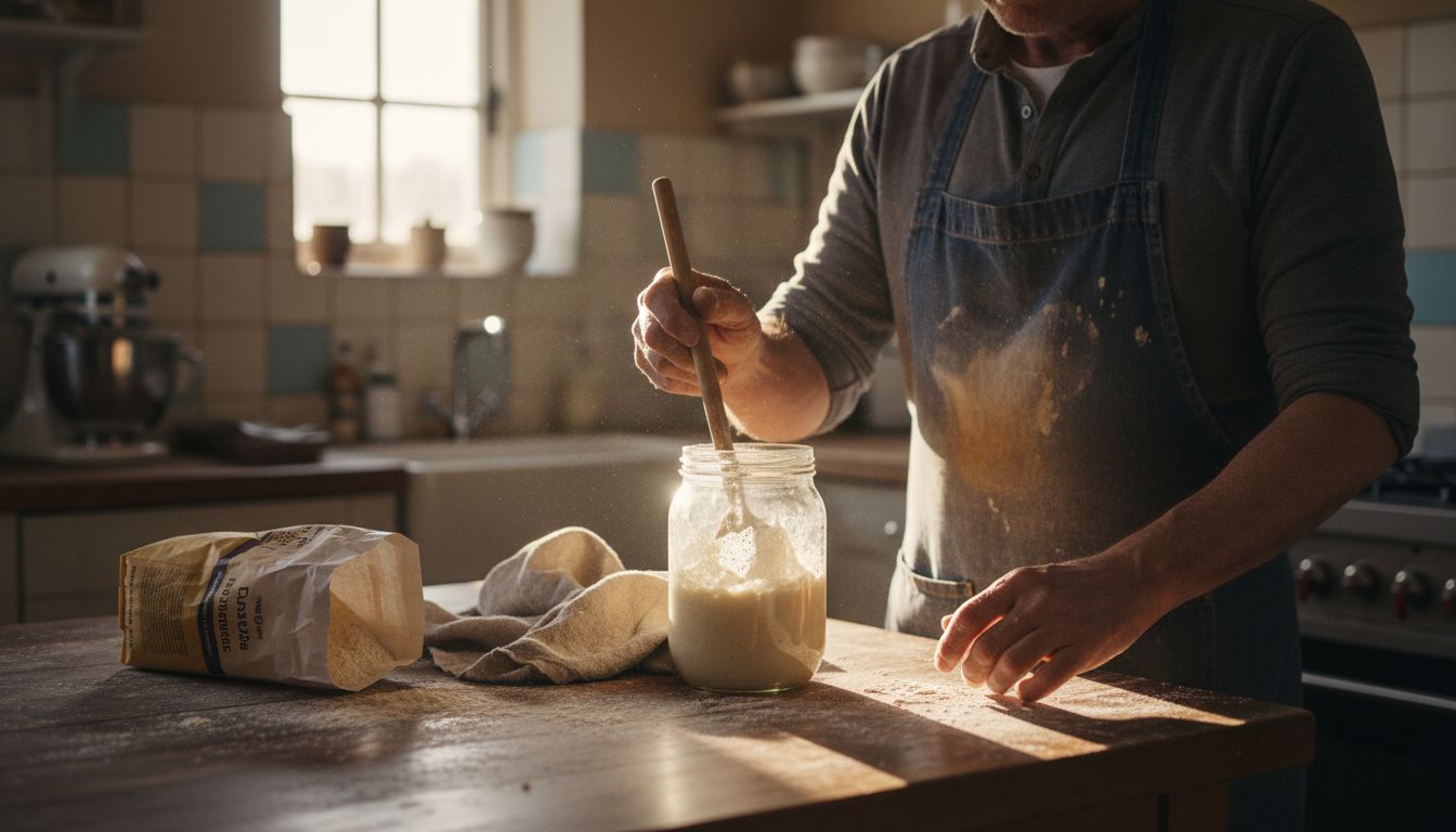 Brutar hrănind maiaua într-un borcan de sticlă în bucătărie