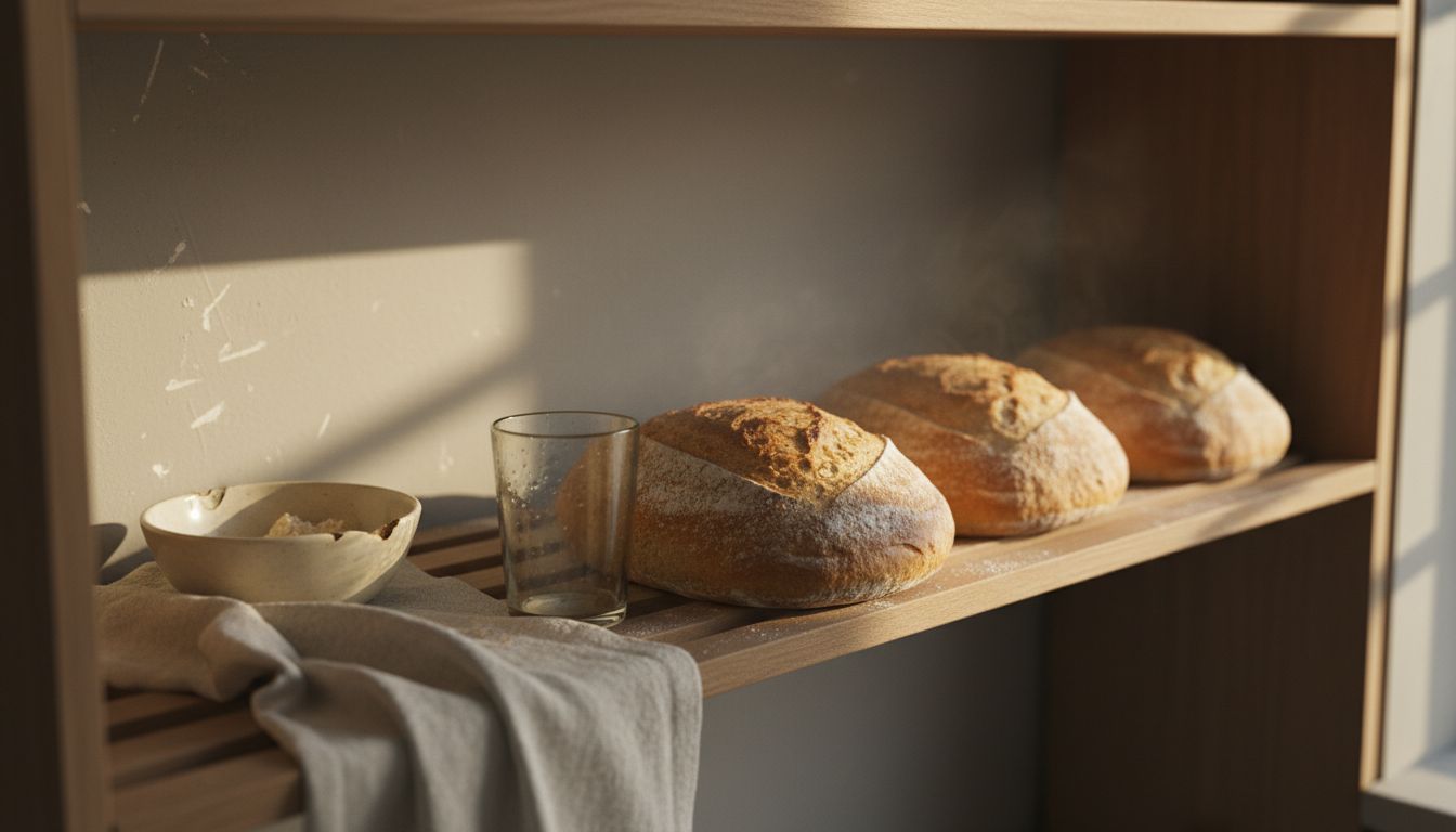 Pâini cu maia răcind pe raft de lemn în bucătărie