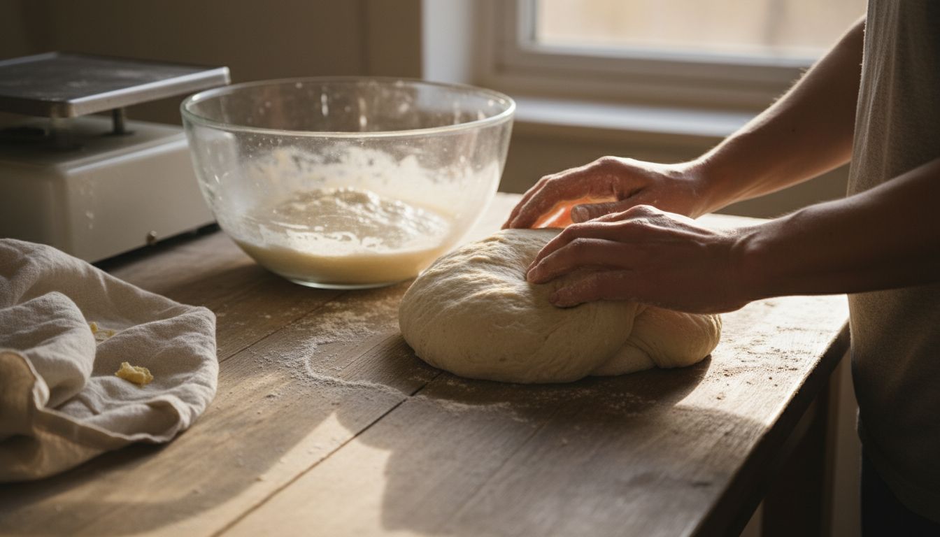 Brutar încorporând starter de maia în aluat, pliind aluatul pe blat