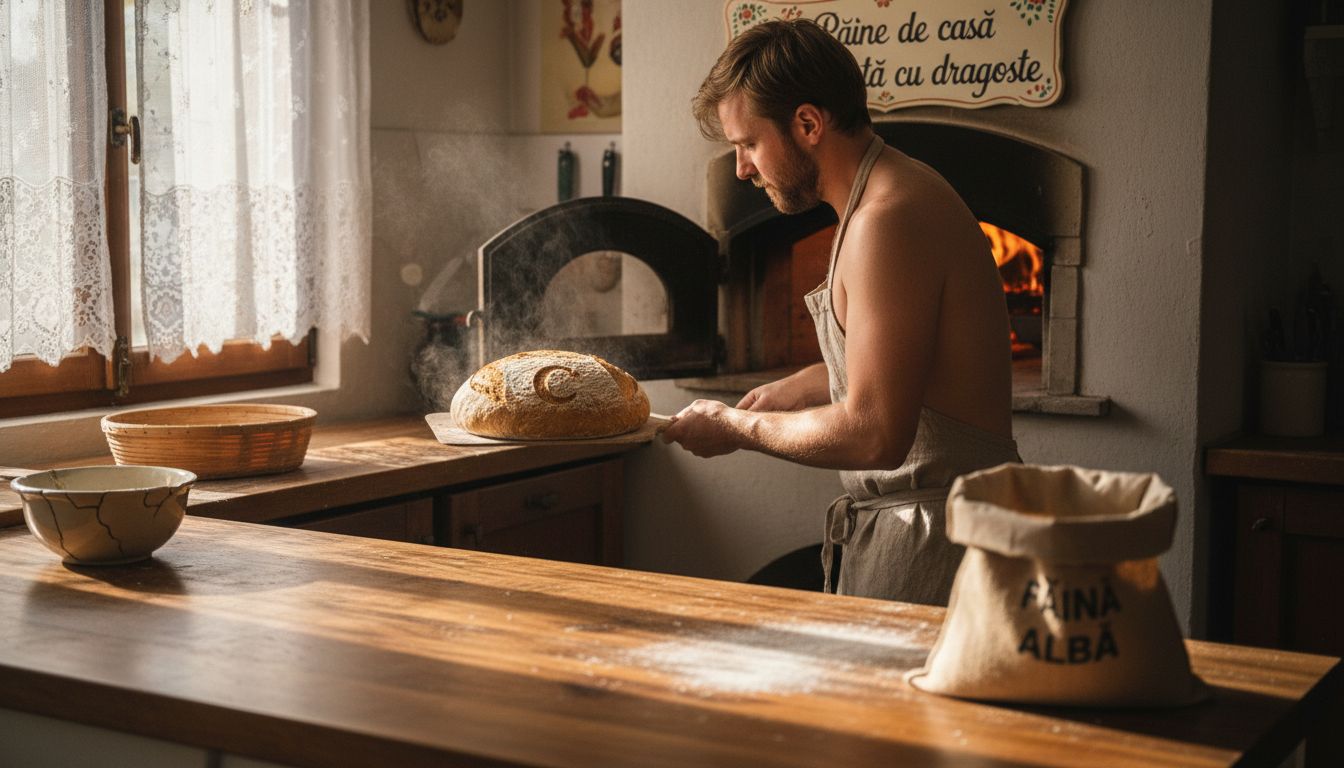 Brutar scoate din cuptor o pâine cu maia rumenă cu coajă crocantă și miez aerat