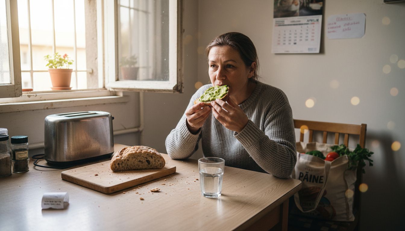 Femeie savurând o felie de pâine cu maia proaspătă la masa din bucătărie