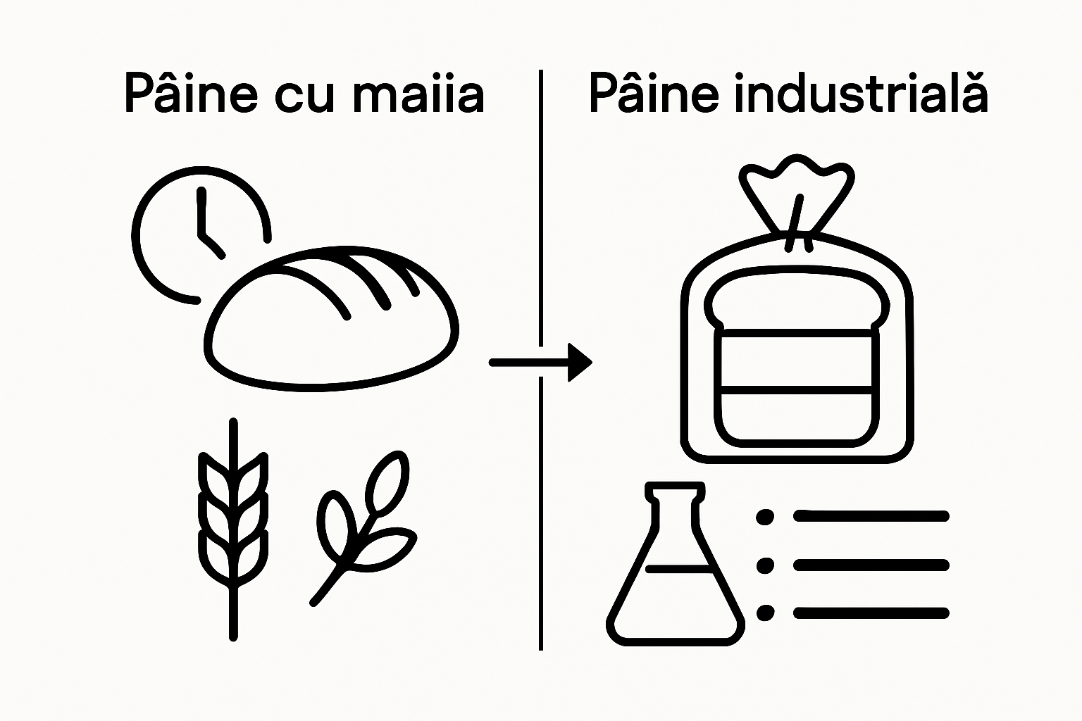 Infografic comparație pâine cu maia versus pâine industrială - conservare, ingrediente, beneficii