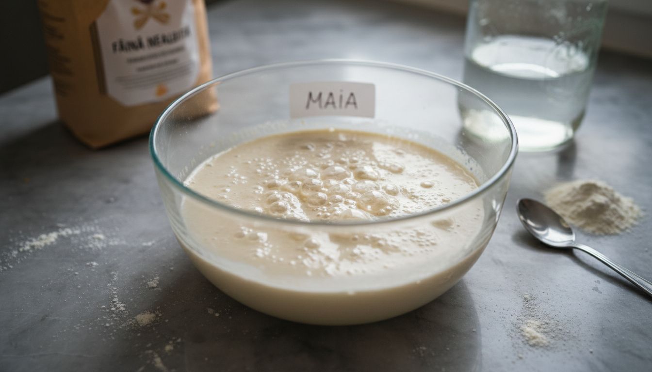 Ingrediente pentru maia naturală: făină integrală, făină albă, apă filtrată în boluri pe blat de bucătărie