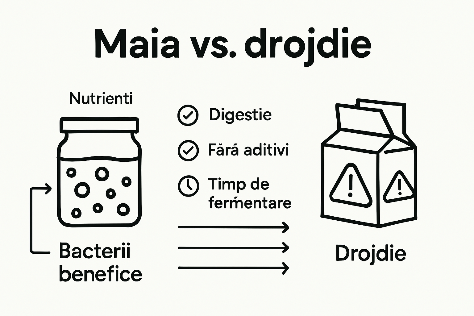Comparație vizuală între pâine cu maia tradițională și pâine cu drojdie comercială, arătând diferențele de textură și aspect
