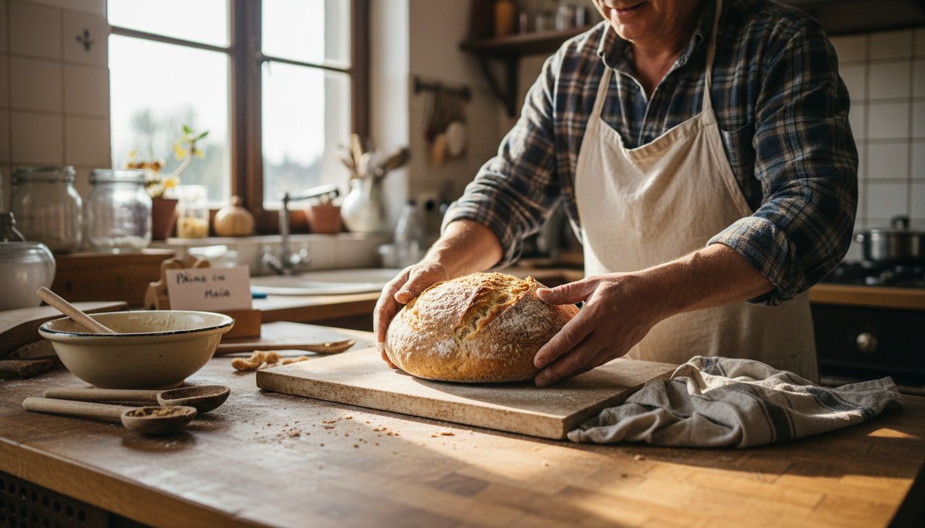 Brutar profesionist scoțând din cuptorul tradițional o pâine cu maia aburindă, demonstrând textura perfectă obținută prin dezvoltarea corectă a glutenului
