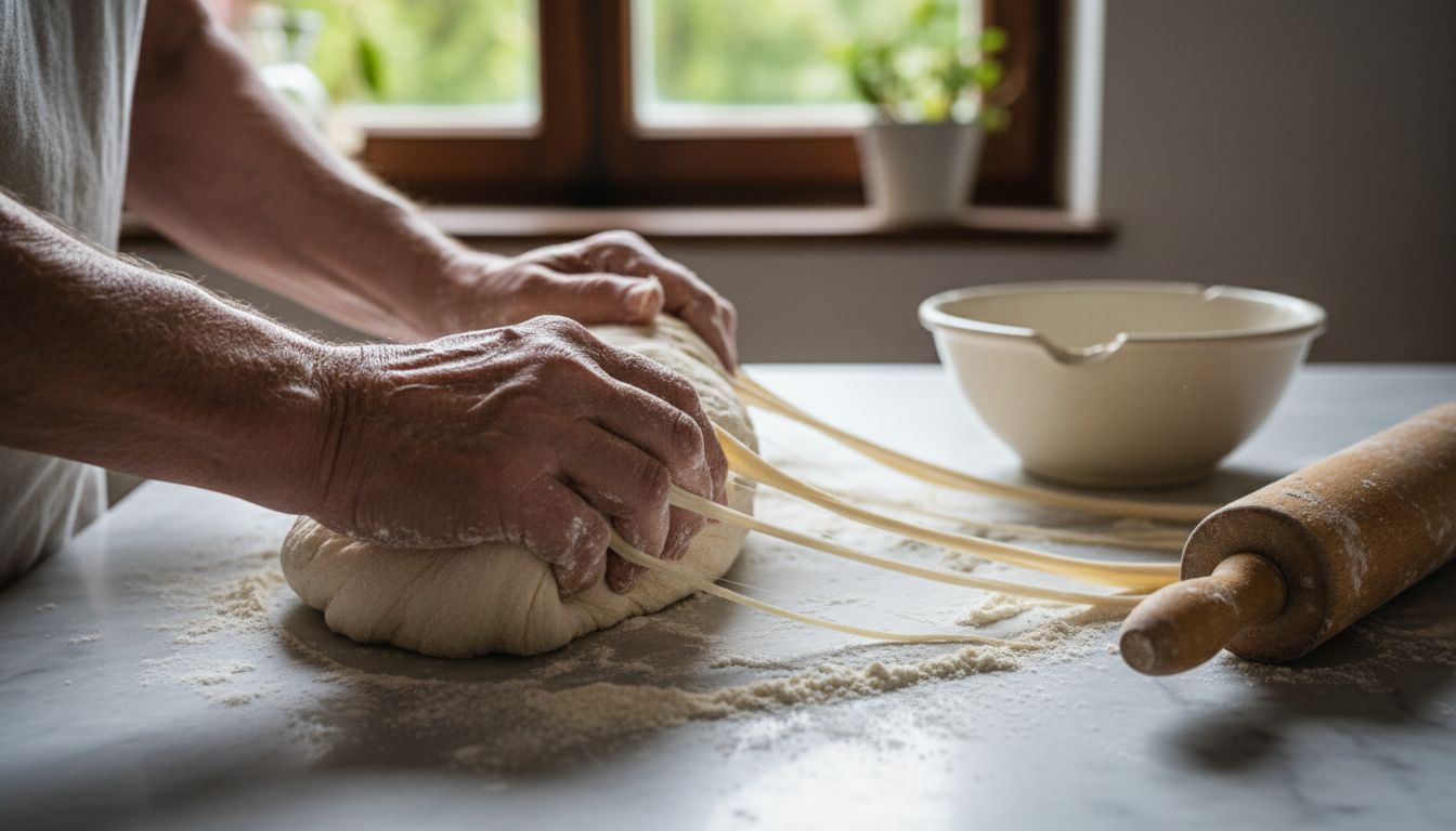 Mâini de brutar experimentat frământând aluat de pâine cu maia, arătând cum se întinde glutenul elastic până devine translucid la testul geamului