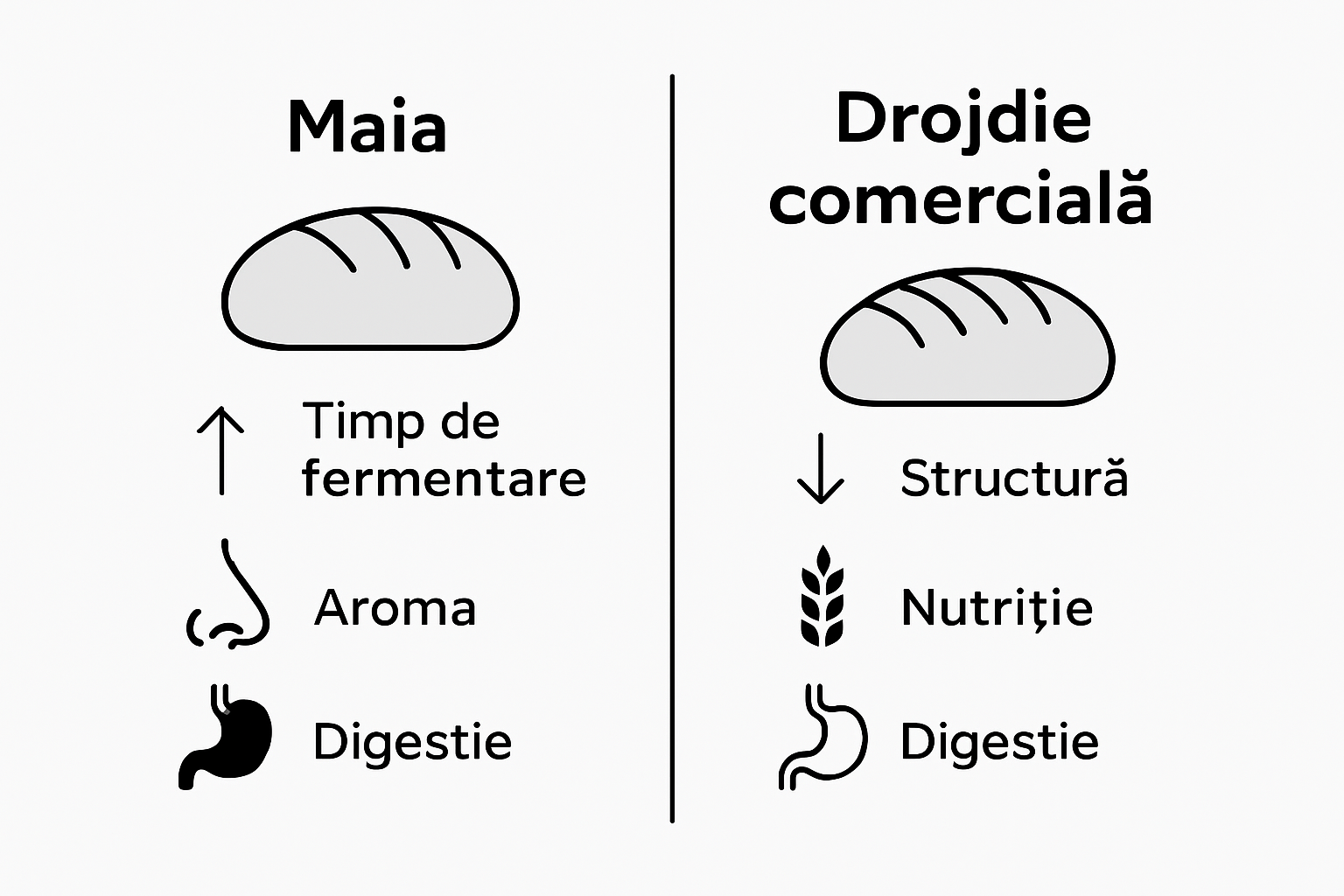 Infografic comparativ ilustrând diferențele în structura glutenului dintre pâinea cu maia naturală și pâinea cu drojdie comercială