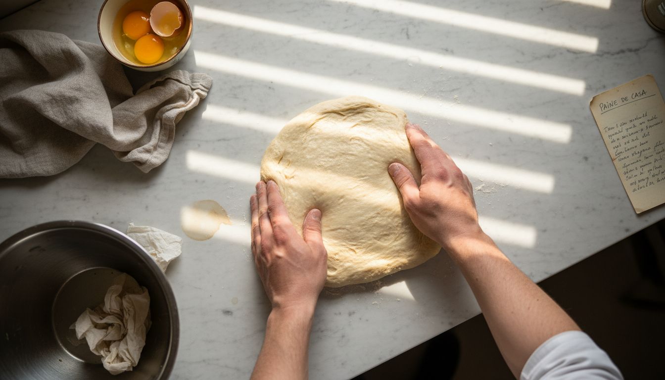 Mâini care frământă un aluat dospit cu maia, arătând textura aerată și bulele de fermentare