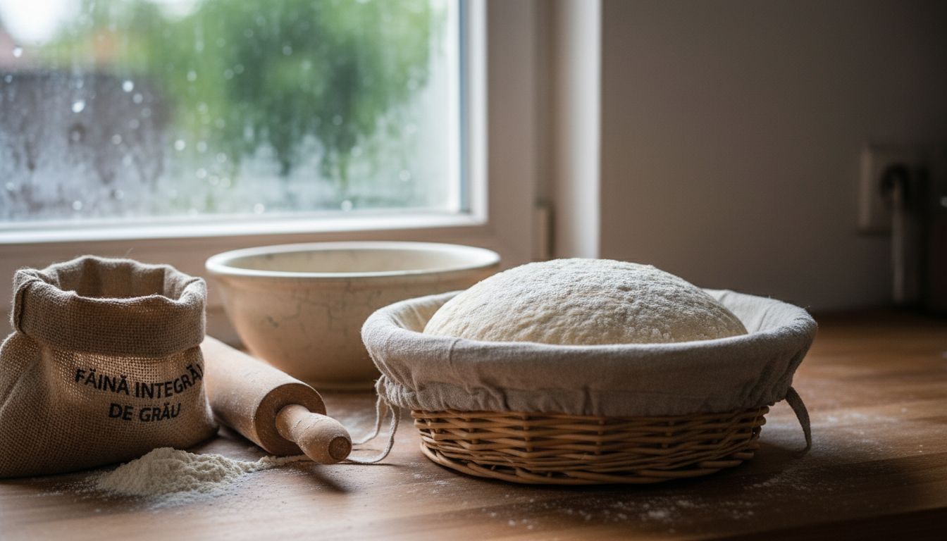 Aluat cu maia transilvăneană dospit într-un coș de răchită tradițional, arătând textura aerată și bulele de fermentare naturală