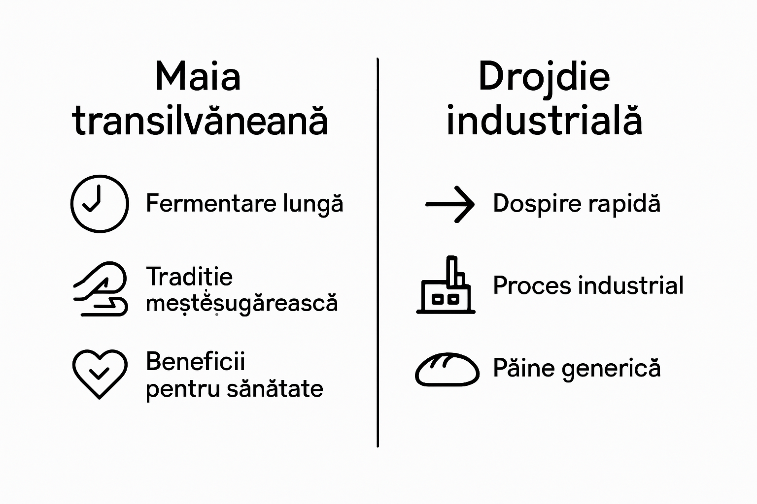 Infografic comparativ care arată diferențele dintre pâinea cu maia transilvăneană (fermentare 24 ore, 50+ specii, aromă complexă) și pâinea cu drojdie industrială (fermentare 1-2 ore, 1 specie, aromă simplă)