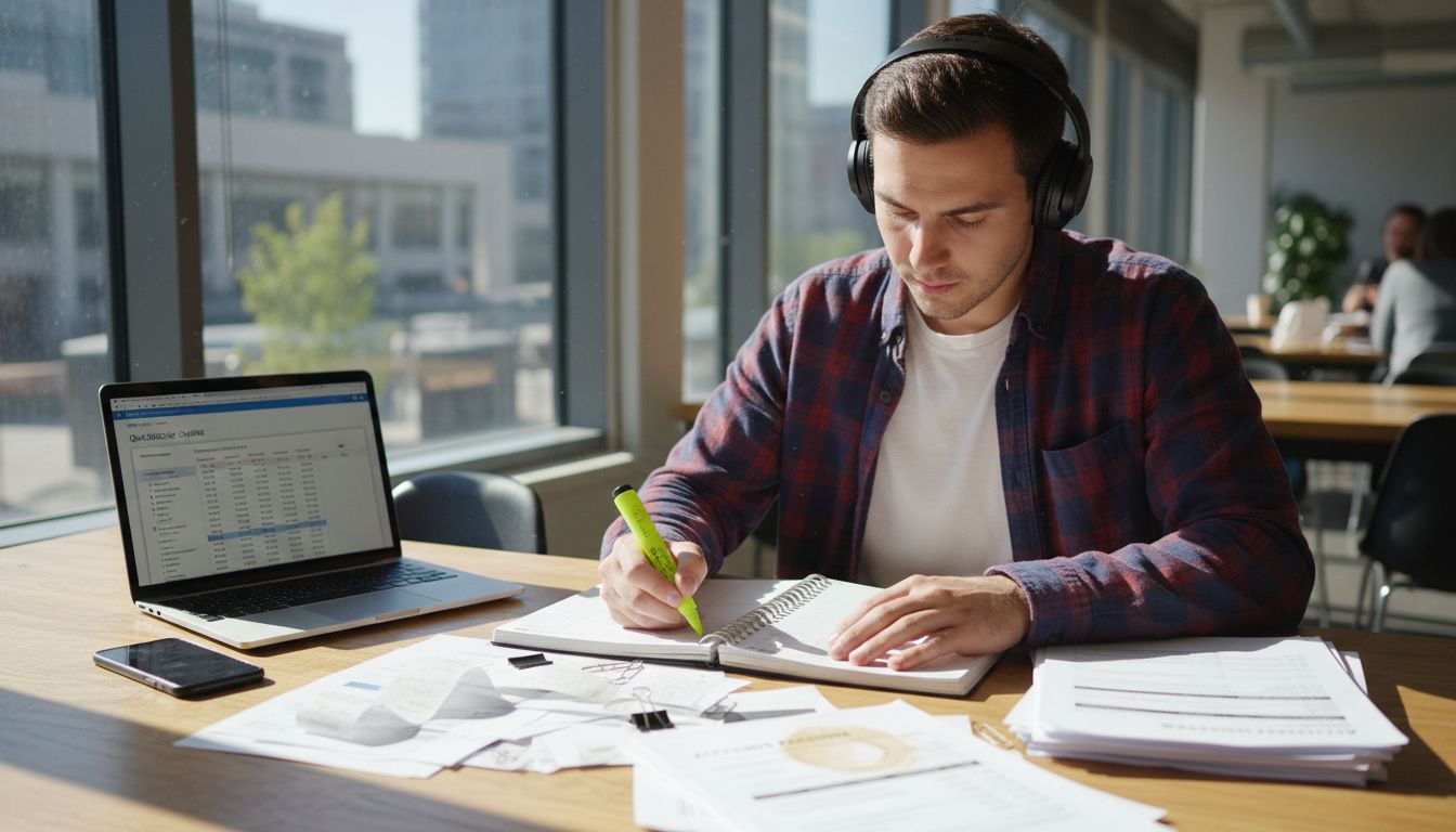 Bookkeeper categorizing transactions at workspace