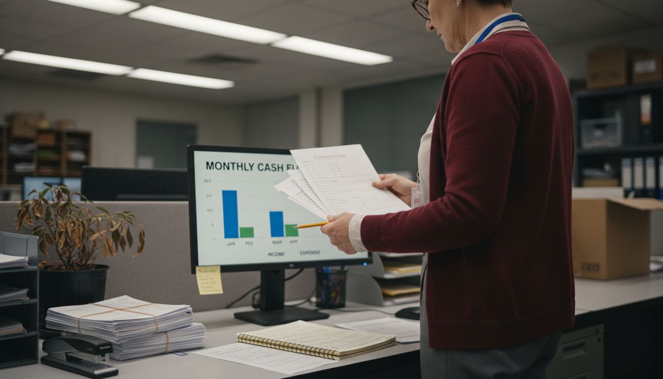 Bookkeeper organizing cash flow statement paperwork