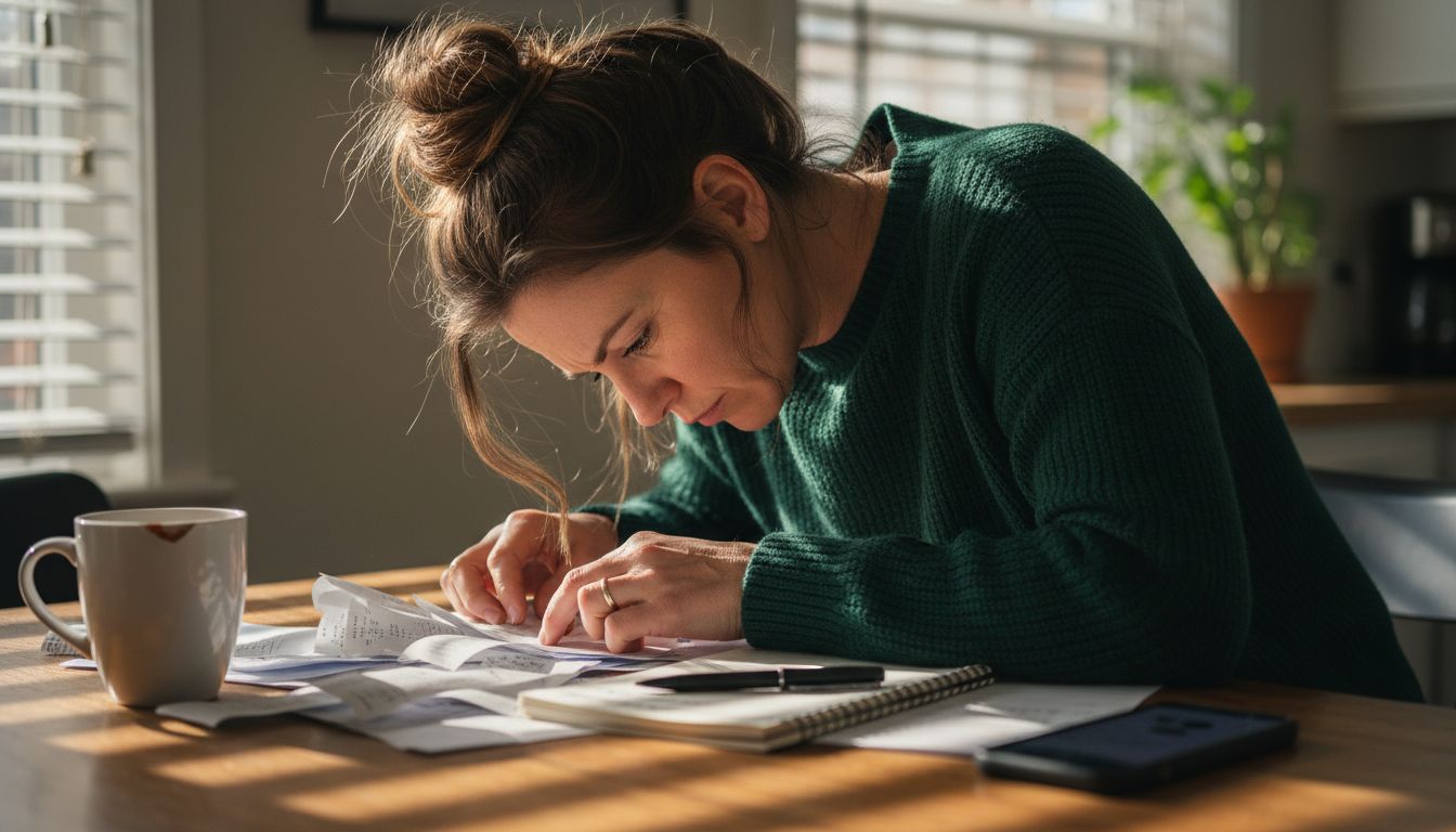 Stressed businesswoman sorting financial paperwork