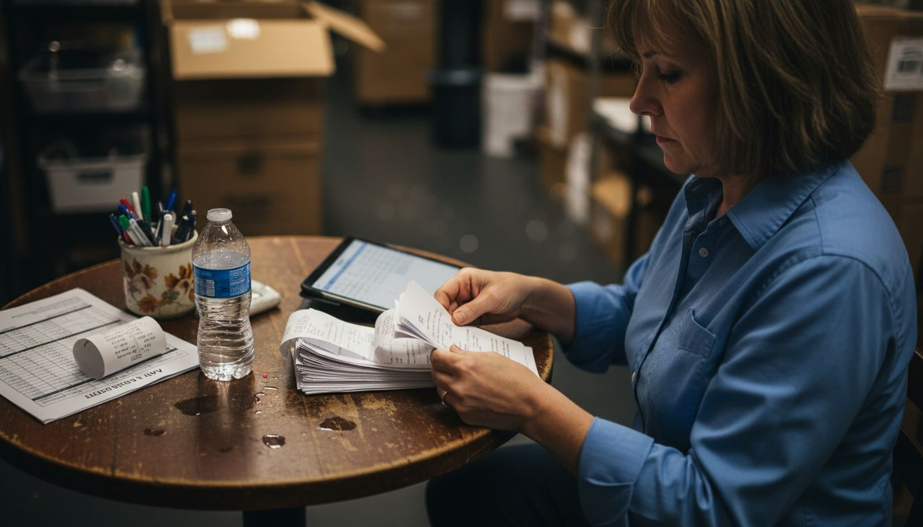 Small business owner sorting receipts in back office