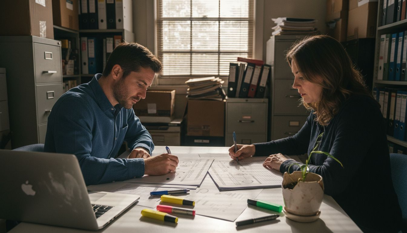 Partners comparing bookkeeping methods at desk