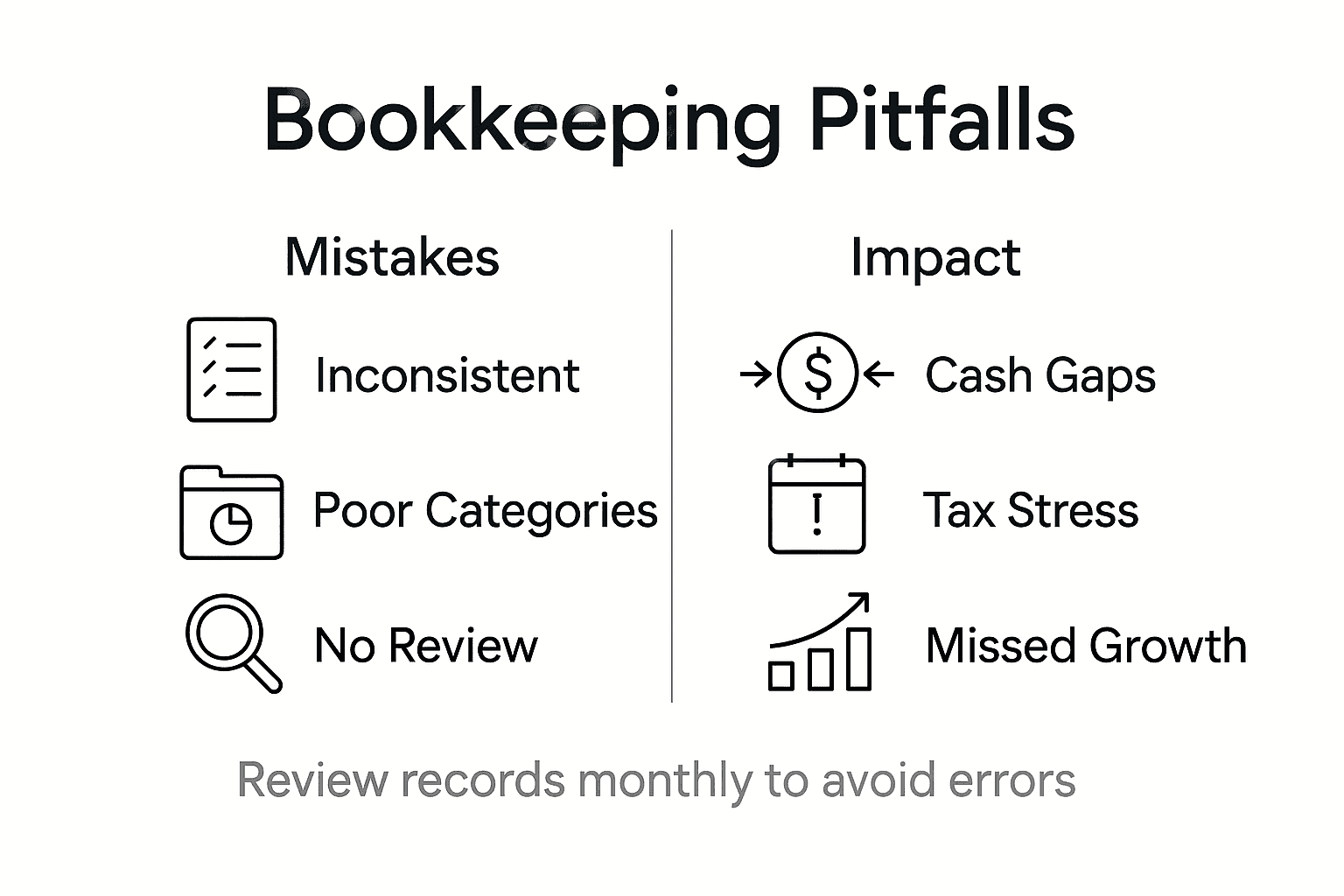 Infographic showing common bookkeeping pitfalls and impacts