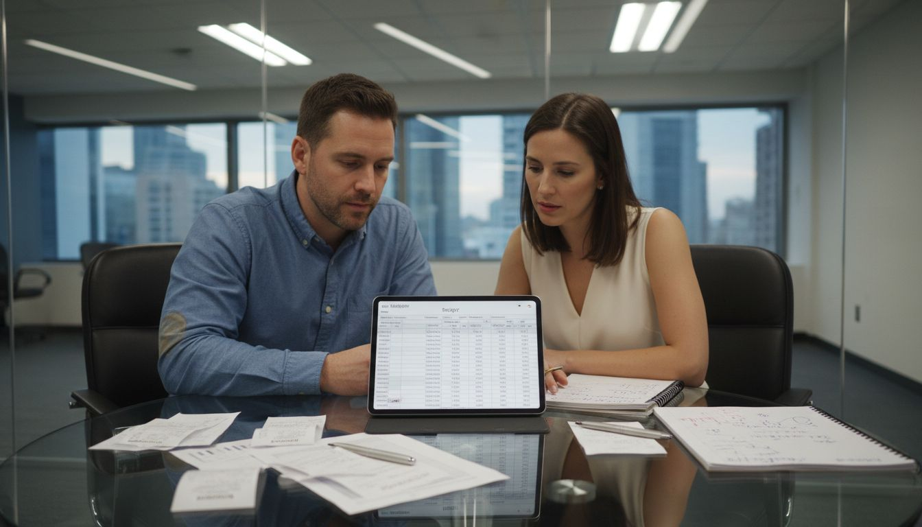 Business partners reviewing budget spreadsheet
