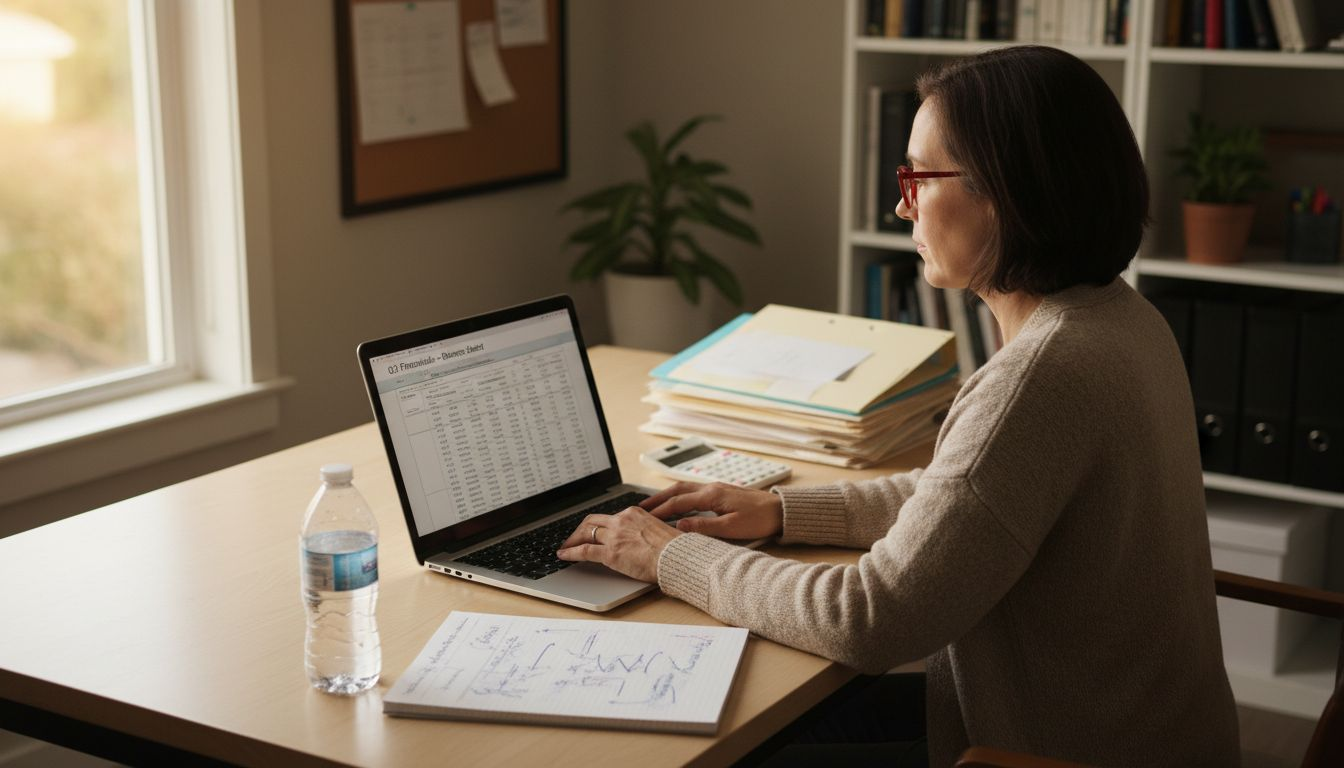 Bookkeeper examines balance sheet on laptop